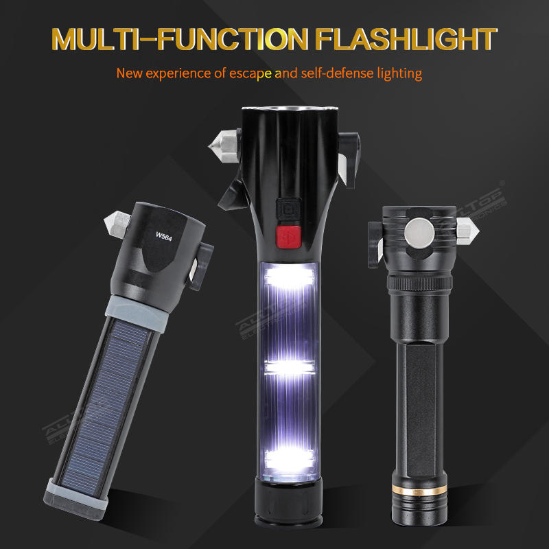 Multi-Functional Rechargeable Aluminum Alloy Safety Hammer Solar Powered LED Flashlight