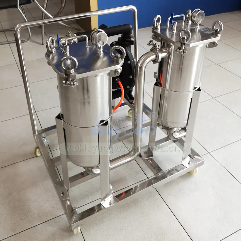 Portable filtering machine SS304 316L stainless steel double stage microporous filter liquor filter machine with 4 wheels cart