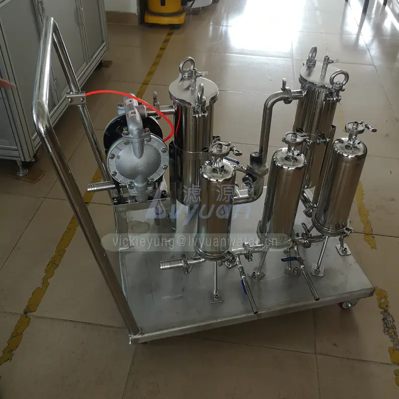 Hand cart type 1 2 steps stainless steel bag oil filter 304 316L bag filter housing machine with SS water treatment tank filter