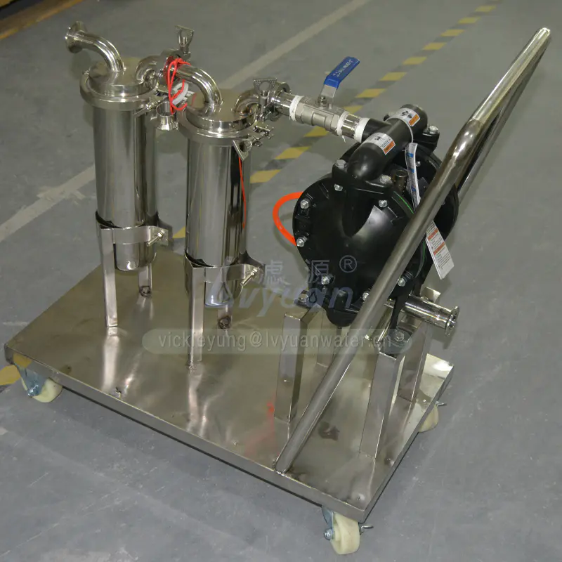 Reusable 5 micron small PP/PE bag filter SS304 stainless steel single housing with stainless/aluminium water pump set