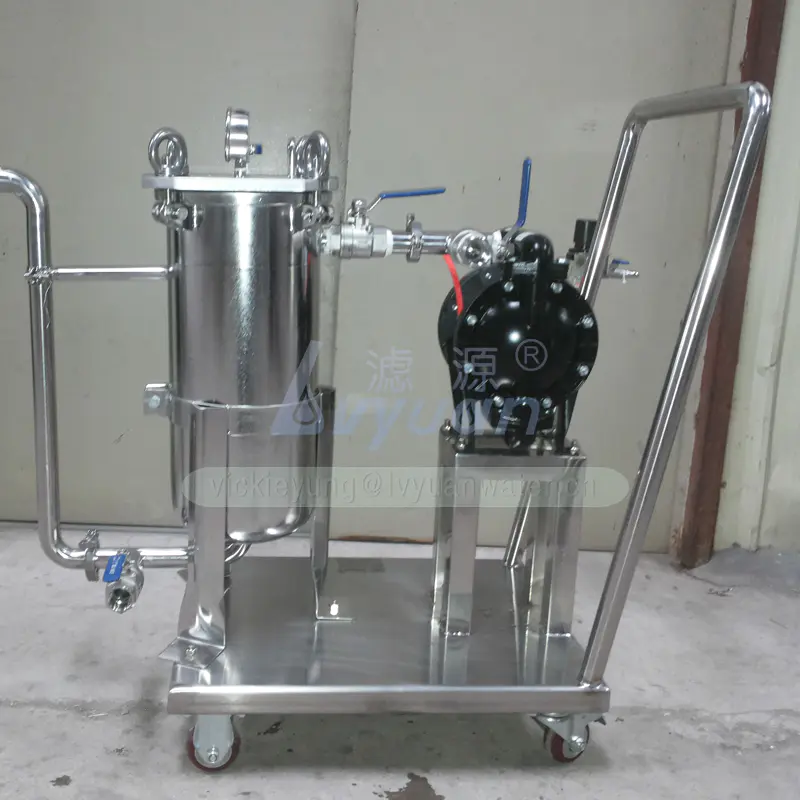 Portable filtering machine SS304 316L stainless steel double stage microporous filter liquor filter machine with 4 wheels cart