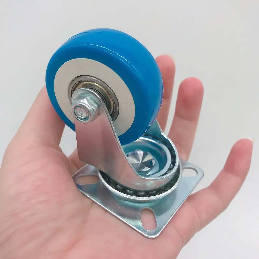 50mm Blue PUcasters wheel with double ball bearing 2 inch Blue PU castors wheel with top plate for display cabinet