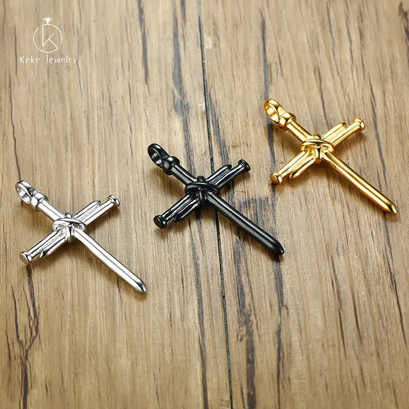 2021 New Design Gold/Silver/Black Three-color Stainless Steel Nail Cross Pendant Men's Necklace PN-1107
