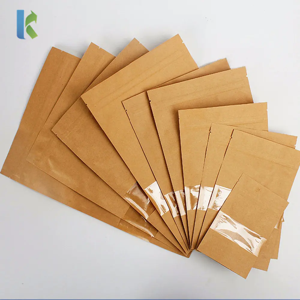 Wholesale Doypack Ziplock Brown Kraft Paper Stand Up Pouches Food Packaging Tea Zipper Bags With Clear Window