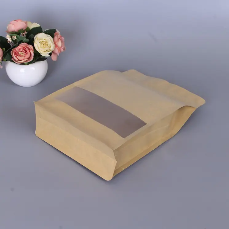 Kraft paper eight side sealed bag with frosted window for food use