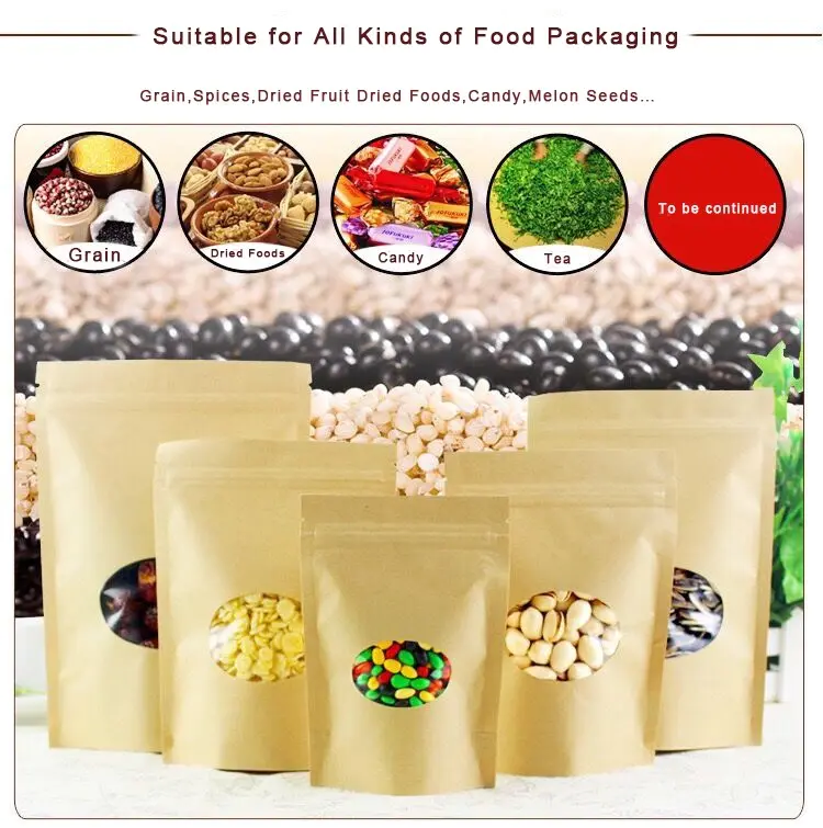 Custom Printed Clear Window Stand Up Brown Kraft Zipper Paper Bag For Snack Pouches Packaging