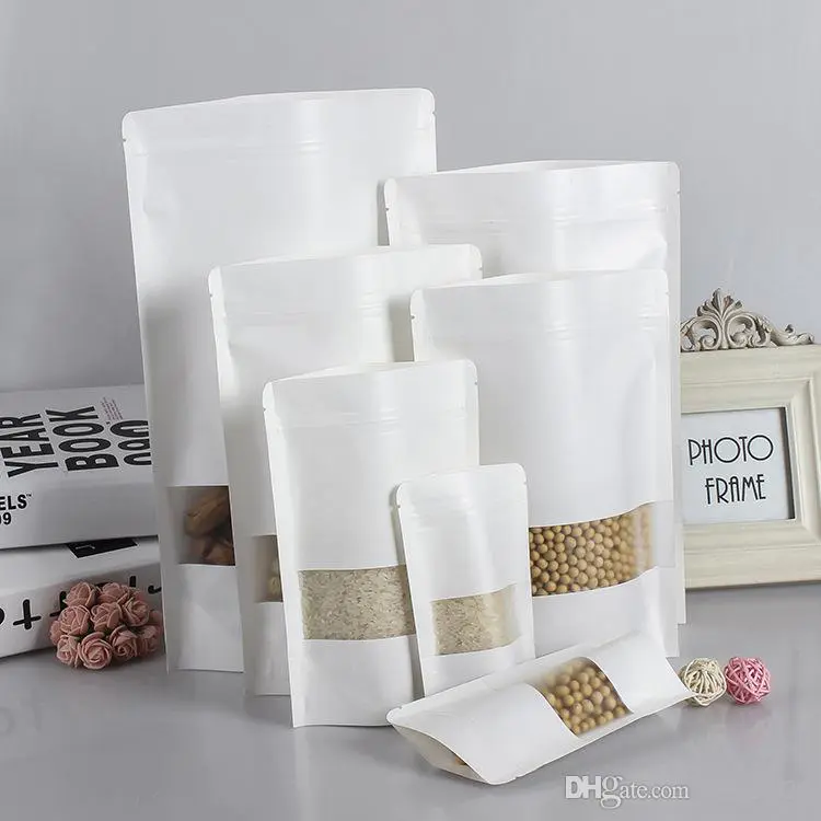 Doypack Mylar Paper White Kraft Bags With Window Food Tea Snack Package Storage Stand Up Packaging Ziplock