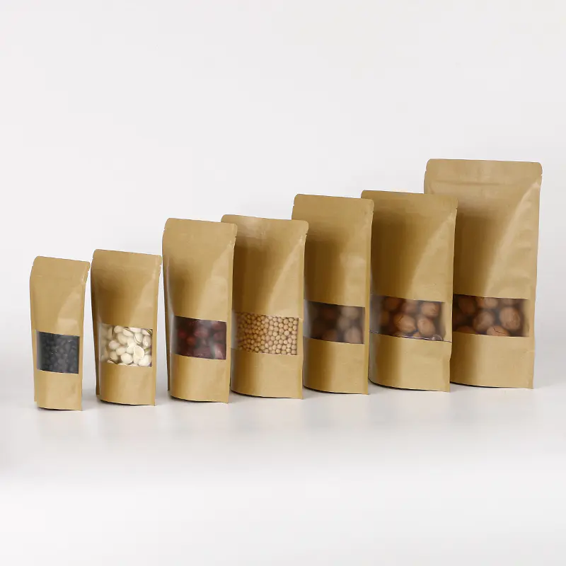 Custom Stand Up Paper Packaging Brown Kraft Paper Zipper Bag With Clear Window