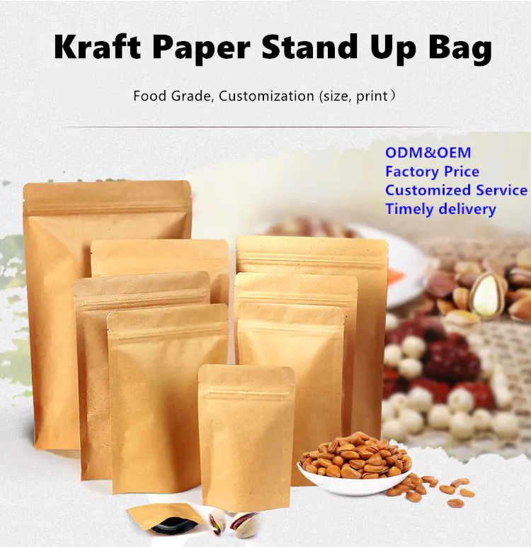 Resealable Ziplock Standing Up Pouches Brown Paper Bag with Window for Food