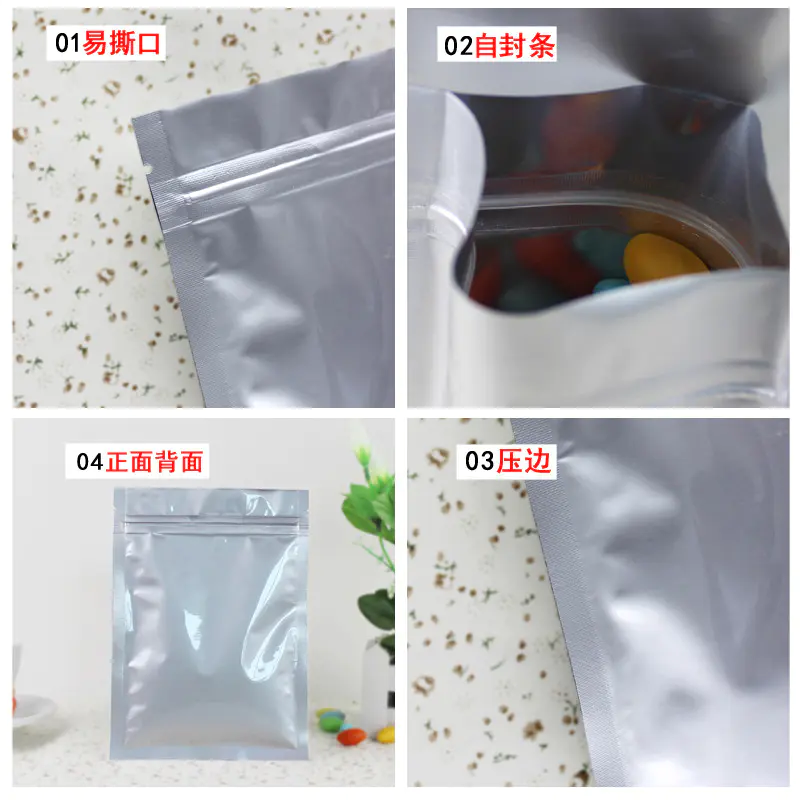 Custom printed Food grade flat silver aluminum foil flat zipper bag reclosable plastic bag