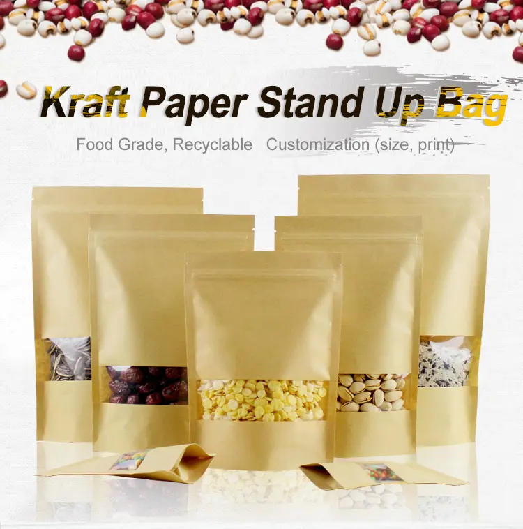 Hot Selling Stand up pouches Brown Kraft paper bag with window