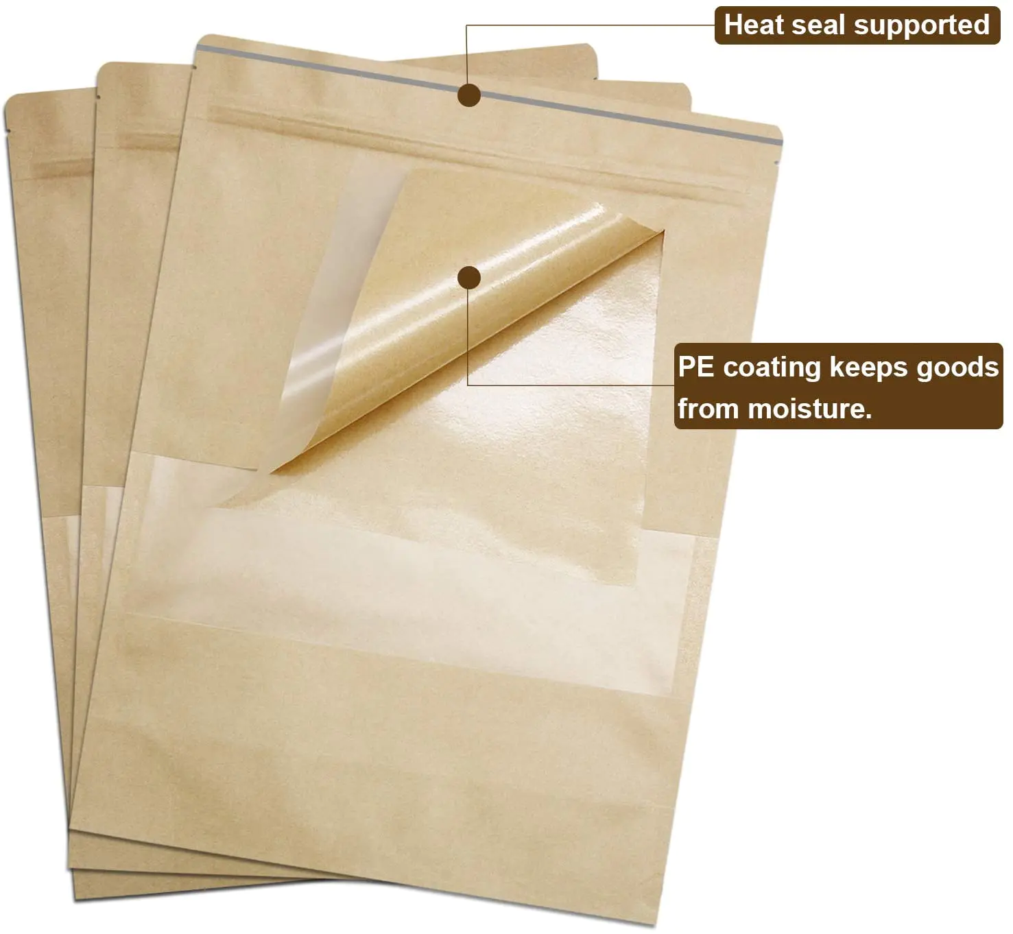 Kraft Paper Stand up Food Bags with Matte Window and Self -Sealing Zipper