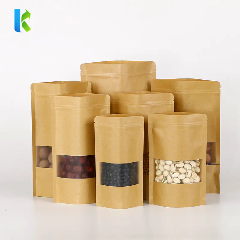 Resealable Ziplock Standing Up Pouches Brown Paper Bag with Window for Food