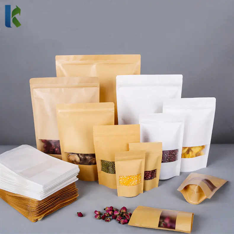 Kolysen Wholesale Custom Printed Clear Window Stand Up Brown KraftZipper Paper Bag For Snack Pouches Packaging