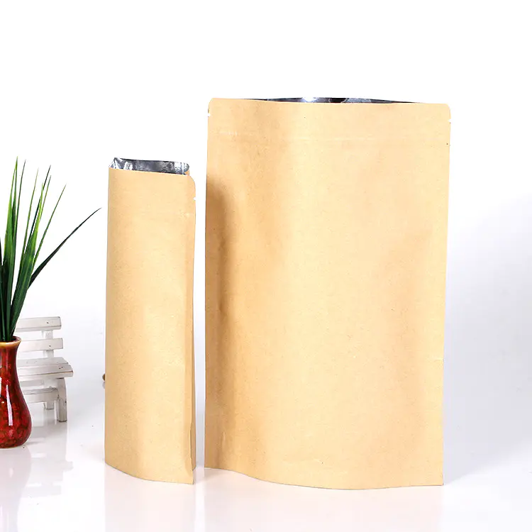 Zip top sealing stand up kraft paper foil bag