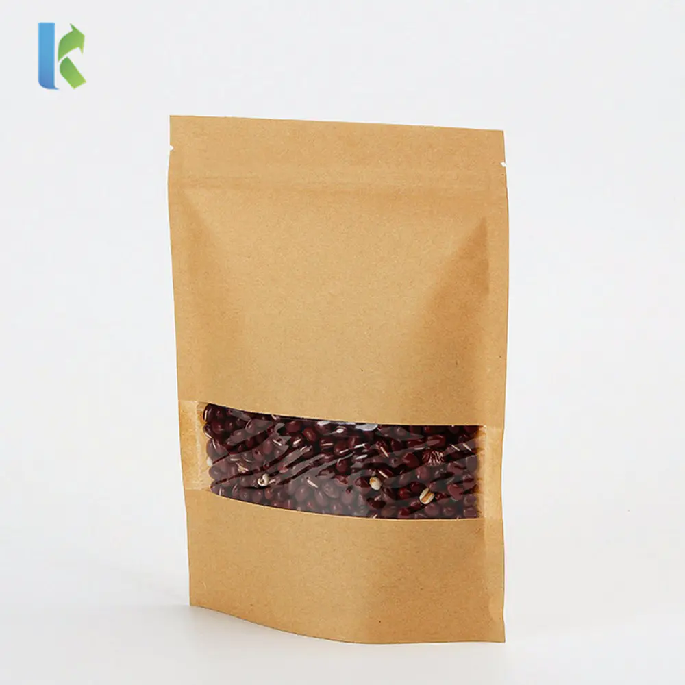 Wholesale Doypack Ziplock Brown Kraft Paper Stand Up Pouches Food Packaging Coffee Zipper Bags With Clear Window