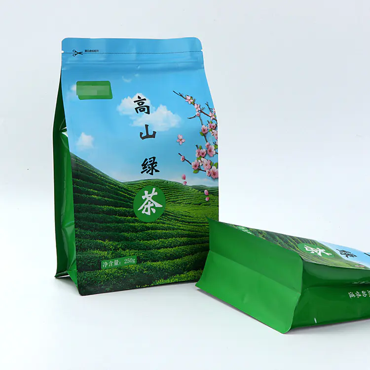 Food grade zipper top flat bottom packing pouch for tea packaging