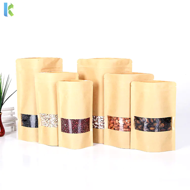 Kolysen Wholesale Custom Printed Clear Window Stand Up Brown KraftZipper Paper Bag For Snack Pouches Packaging
