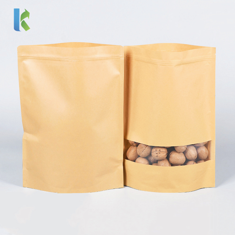 Doypack Zipper Kraft Stand Up Bag with window Reusable Sealing Food Storage Bags for Coffee Beans Nuts Biscuits Packaging