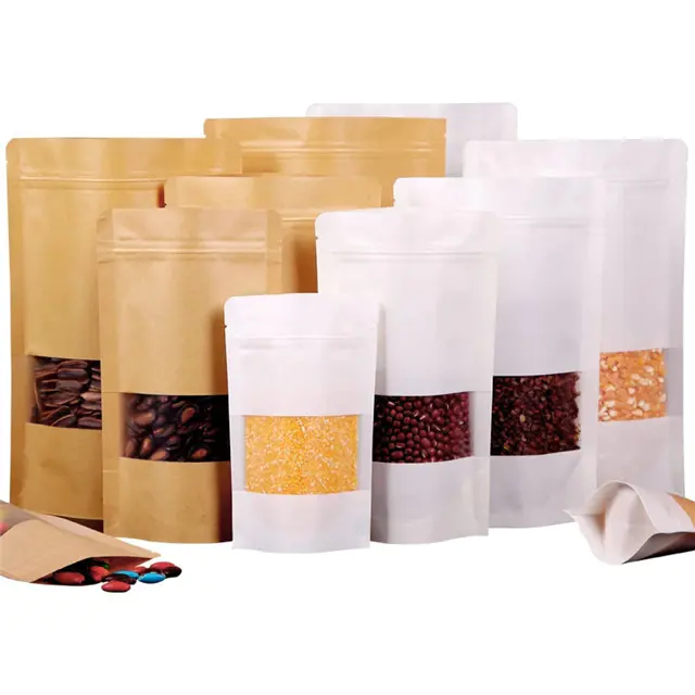 Customized Kfaft Stand Up Zipper Pouch Brown Kraft Paper Bags For Food Packaging