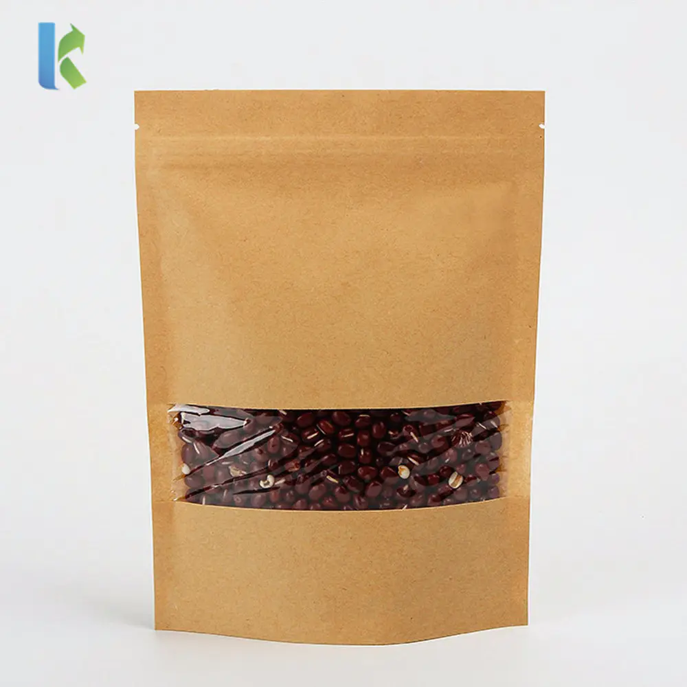 Kolysen Doypack Zip lock Brown Kraft Paper Stand Up Pouches Food Packaging Zipper Tea Bags With Clear Window