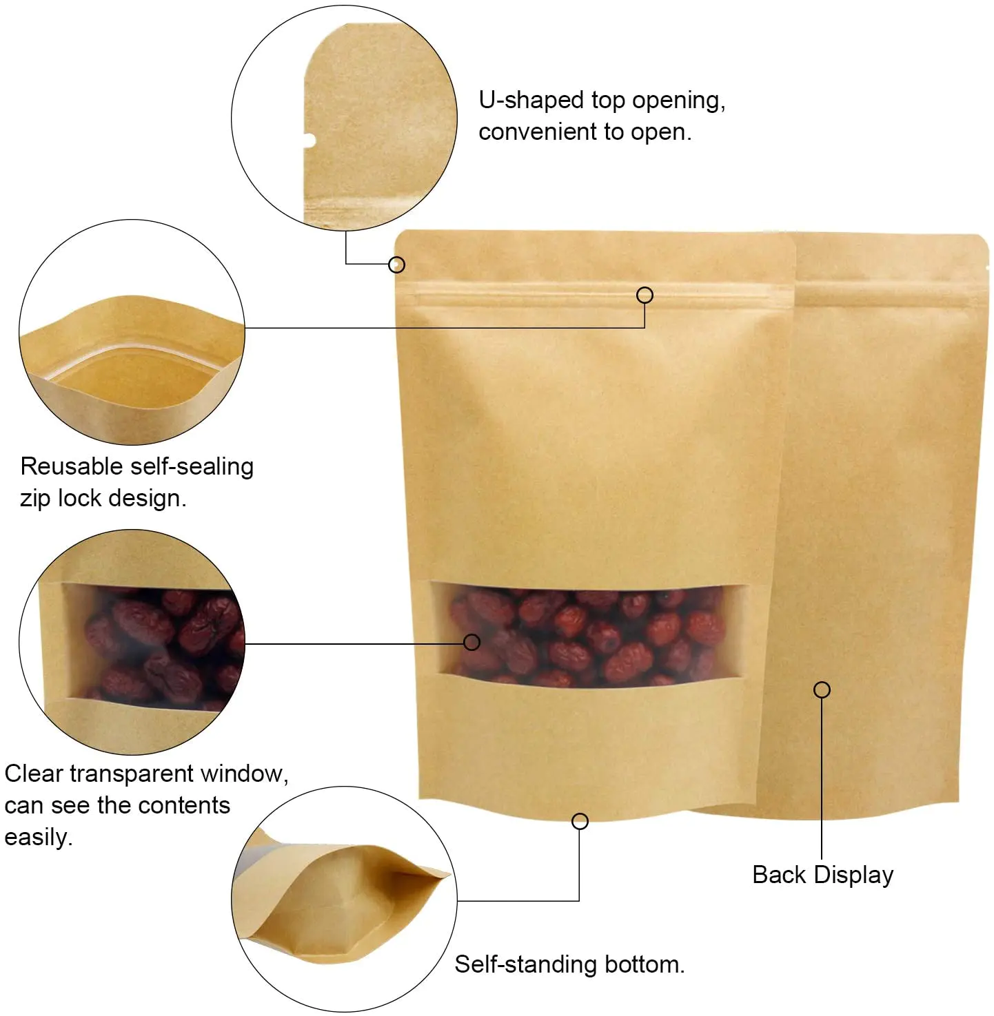 China Ziplock Waterproof Resealable Food Kraft Paper Bag for Food Storage Packaging