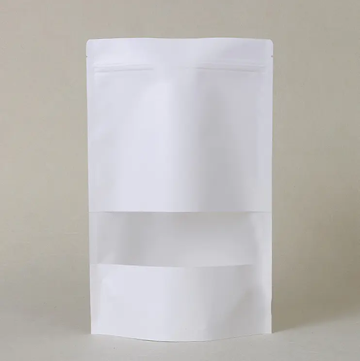 Food grade packaging kraft standup white paper bag with window and zipper