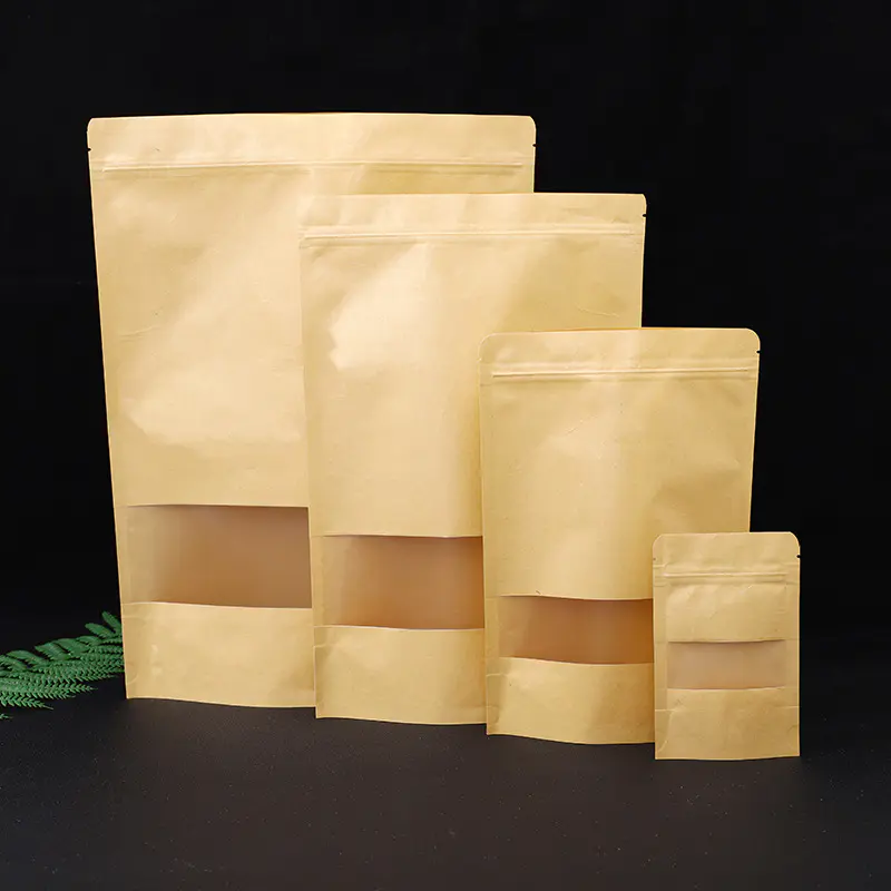 Kraft Stand Up Pouches Zip Lock Stand Up Bags with Clear Window Reusable Candy Coffee Beans Nuts Packaging