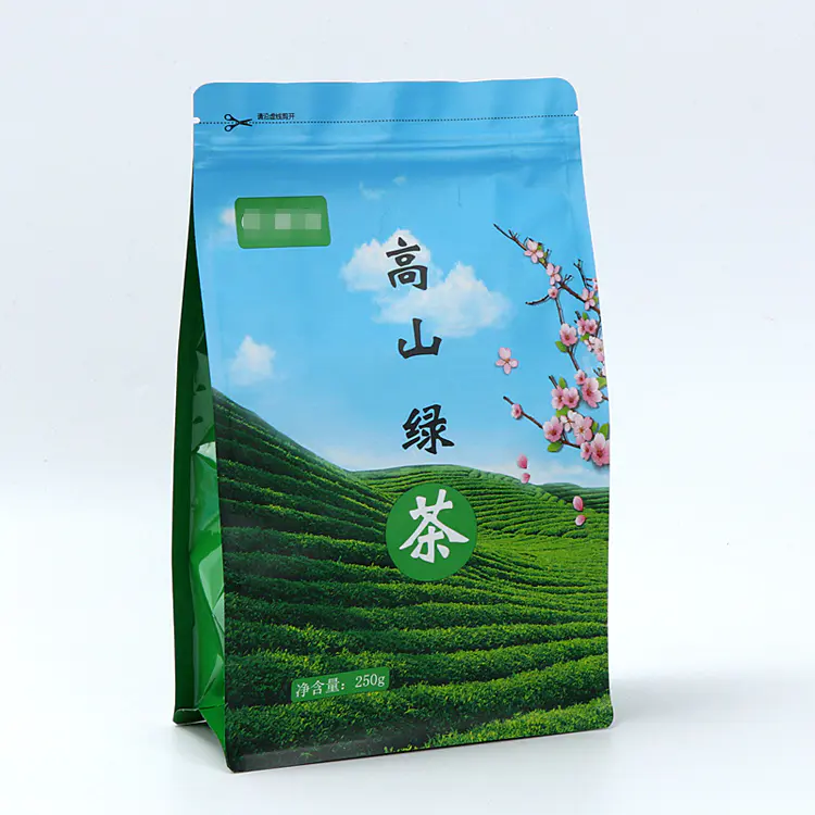 Food grade zipper top flat bottom packing pouch for tea packaging