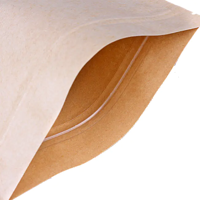 brown stand up zipper kraft paper bag with window for tea packaging