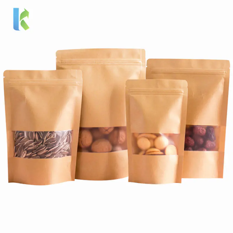 Kolysen Doypack Ziplock Brown Kraft Paper Stand Up Pouches Food Packaging Zipper Coffee Bags With Clear Window