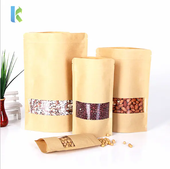 Stand Up Kraft Paper Bag with Transparent Window ZipLock Doypack Pouch Sealable Pouch Food Candy Storage