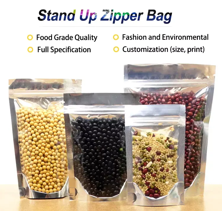 Standup Zipper Bag with One Side Silver and One Side Clear for Dry Food Packaging