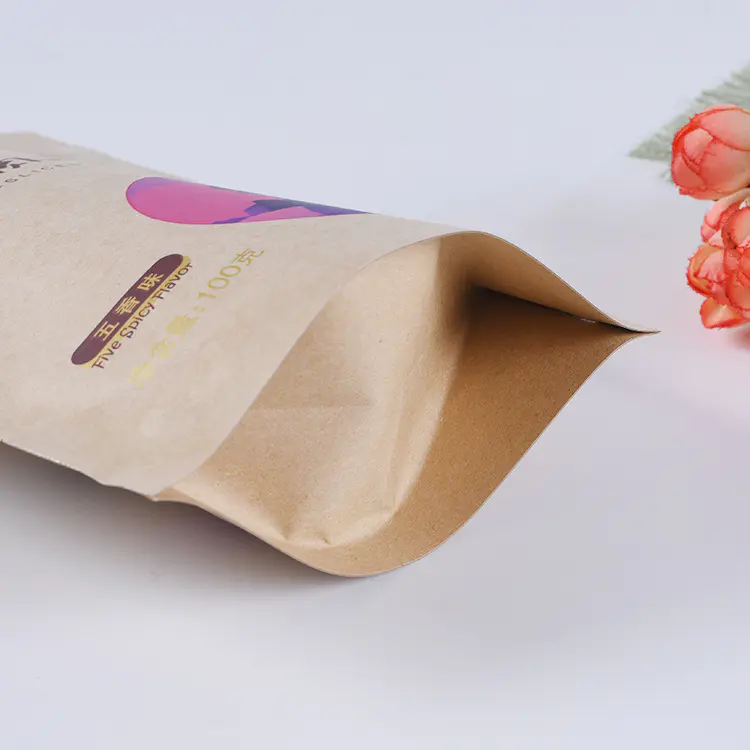 Custom printed Brown kraft paper bag packaging with aluminium China supplier