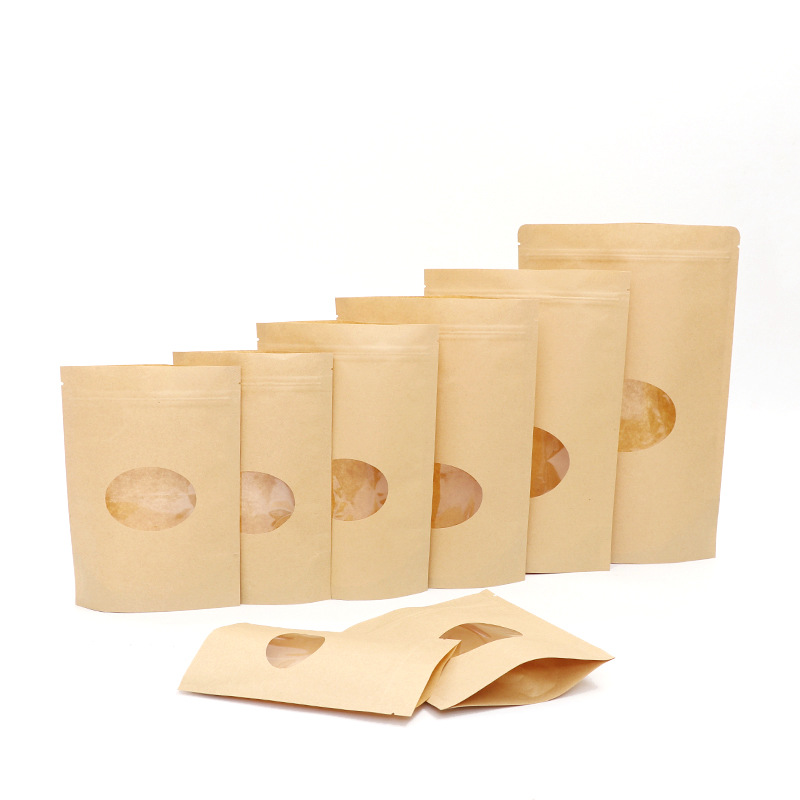Plastic lined kraft food packaging zip lock paper bag with oval window
