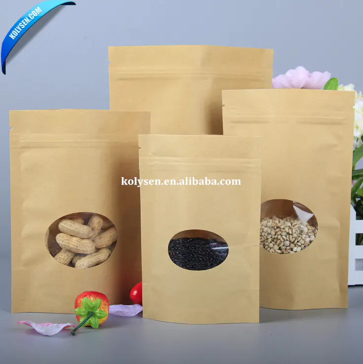 brown/white stand up zipper kraft paper bag with round window for food packaging