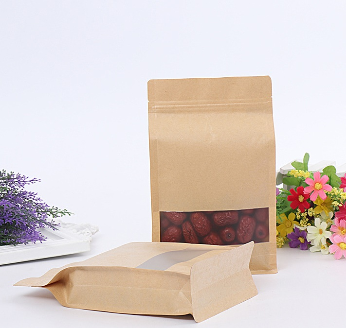 Kolysen Waterproof Food Grade Flat Bottom Kraft Paper Bag with Frosted Window for Snack Wholesale