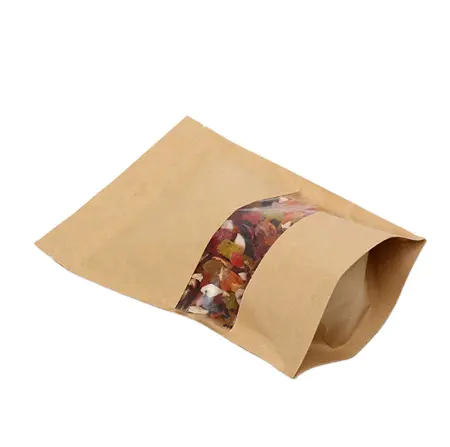 Stand Up Brown Kraft Paper Bag Zipper with Clear Window for Food and Beverage Packaging