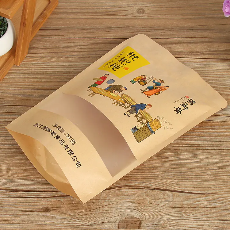 Custom logo Resealable food grade Kraft Paper Packaging Dried Fruit Bag with Frosted Window