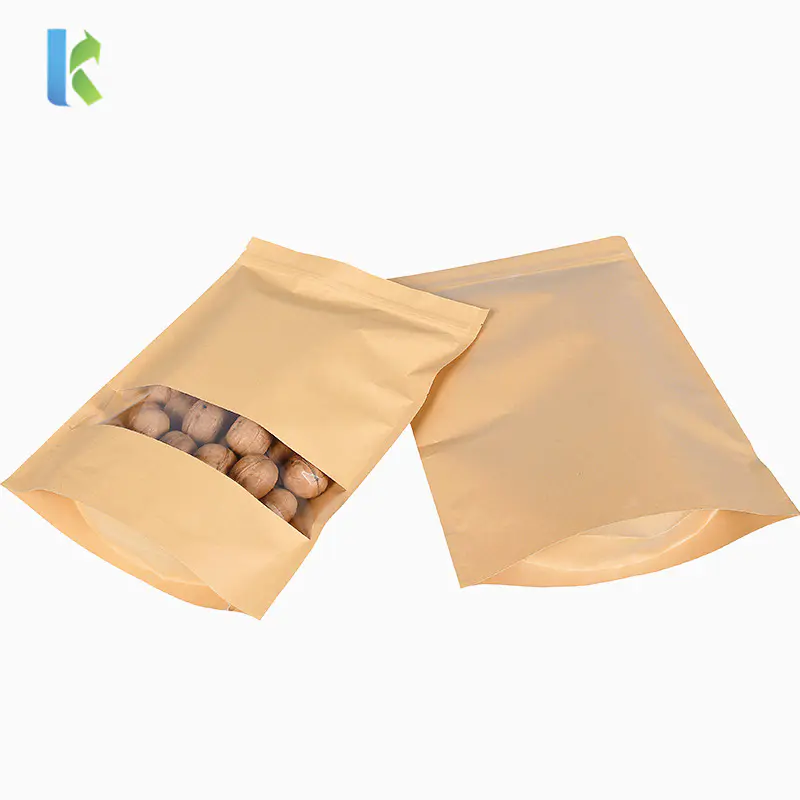 Doypack Kraft Stand Up Paper Zipper Bag with window Reusable Sealing Food Storage Bags for Coffee Beans Nuts Biscuits Packaging
