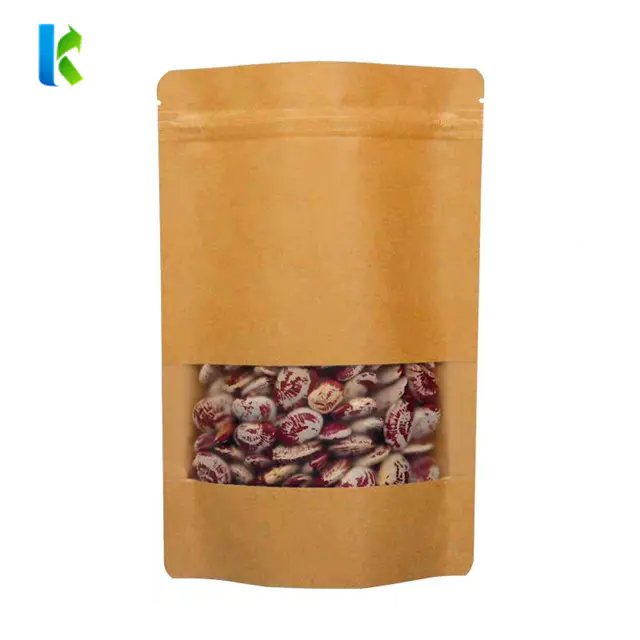 Custom Stand Up Paper Packaging Brown Kraft Paper Zipper Bag With Clear Window