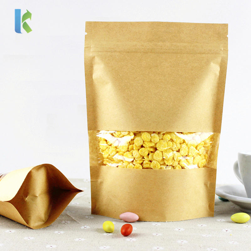 Stand up Kraft Paper Bag with Transparent Window Zip Lock Kraft Paper Pouch Sealable Pouch Food Candy Storage
