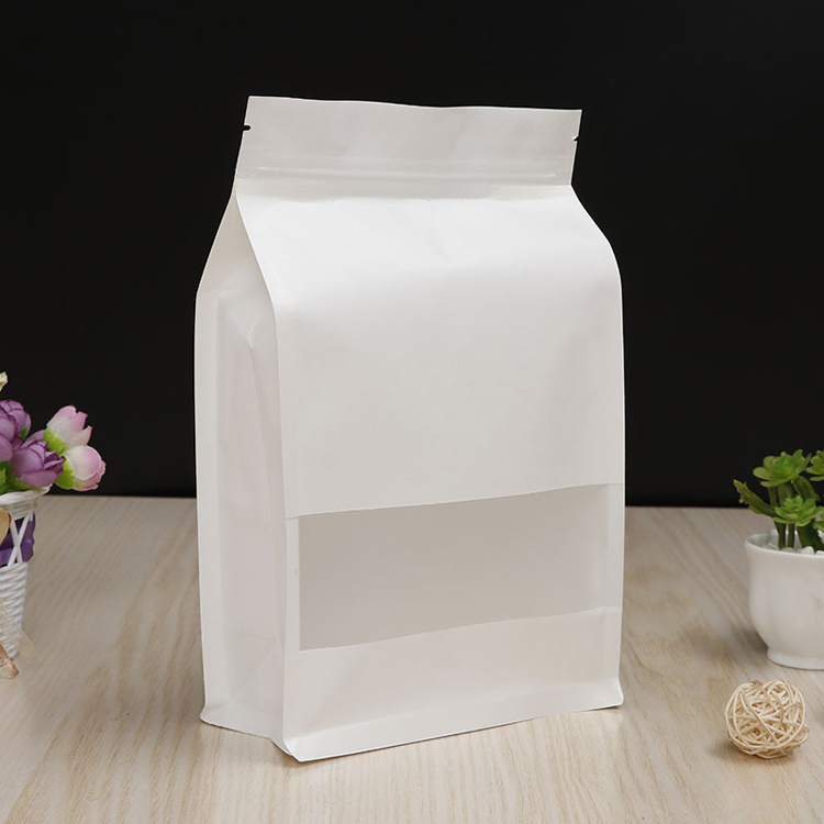 Food grade eight-side sealing white kraft paper bag with window and zipper