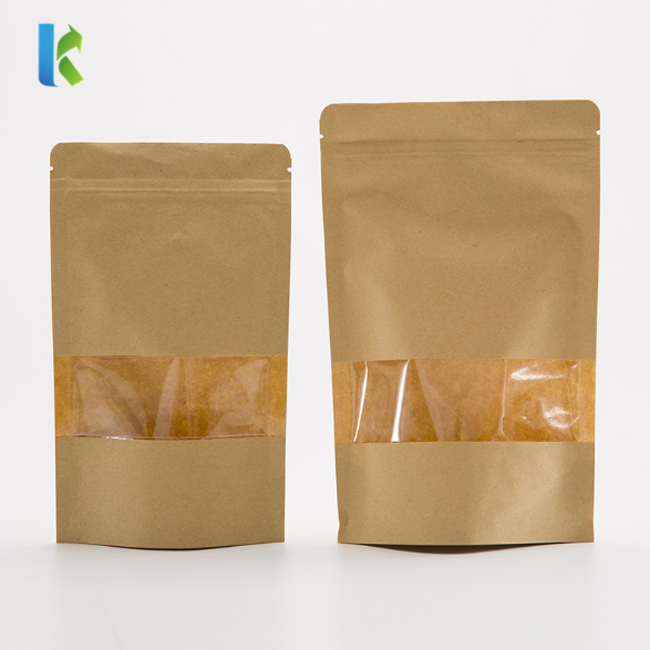 Kolysen Wholesale Clear Window Stand Up Brown Kraft Zipper Paper Bag For Snack Pouches Packaging