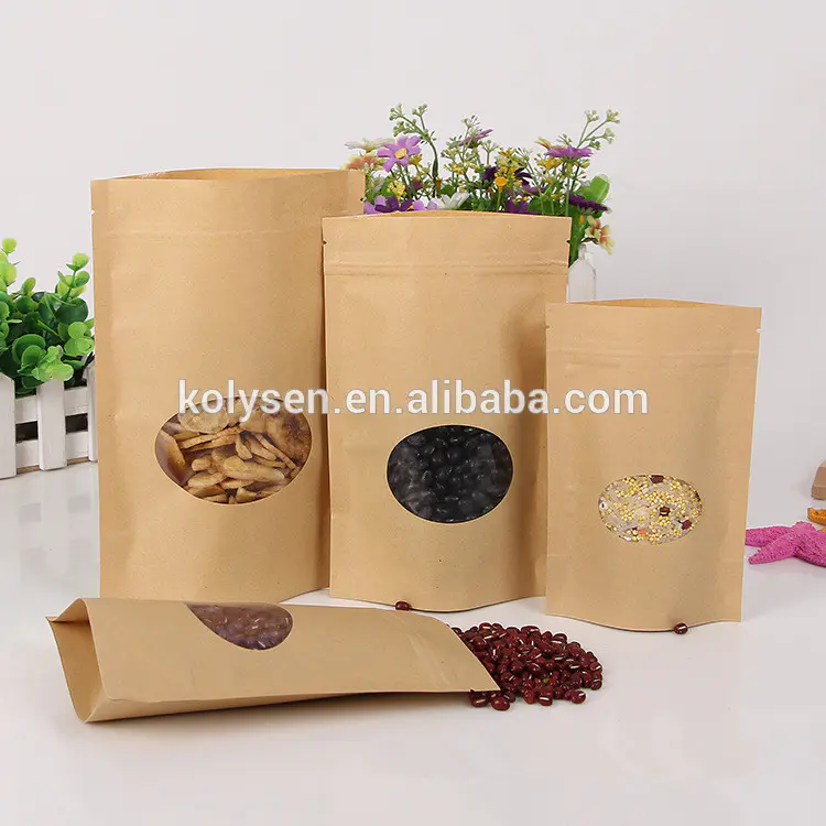 Custom Foil lined ziplock Kraft Bag Printed Stand Up Brown Paper Pouch With Window