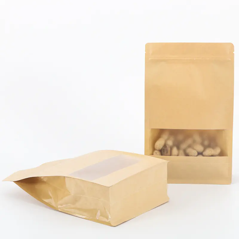 Multi-layer square bottom kraft paper bag with frosted window for peanut packaging