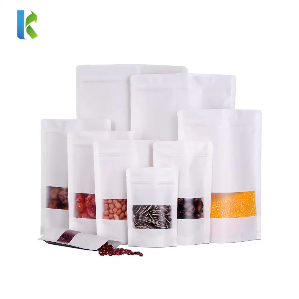 White Matte Window Self Supporting Kraft Paper Bag Flower Tea Nut Spot Coffee Self-Sealing Food Kraft Paper Bags