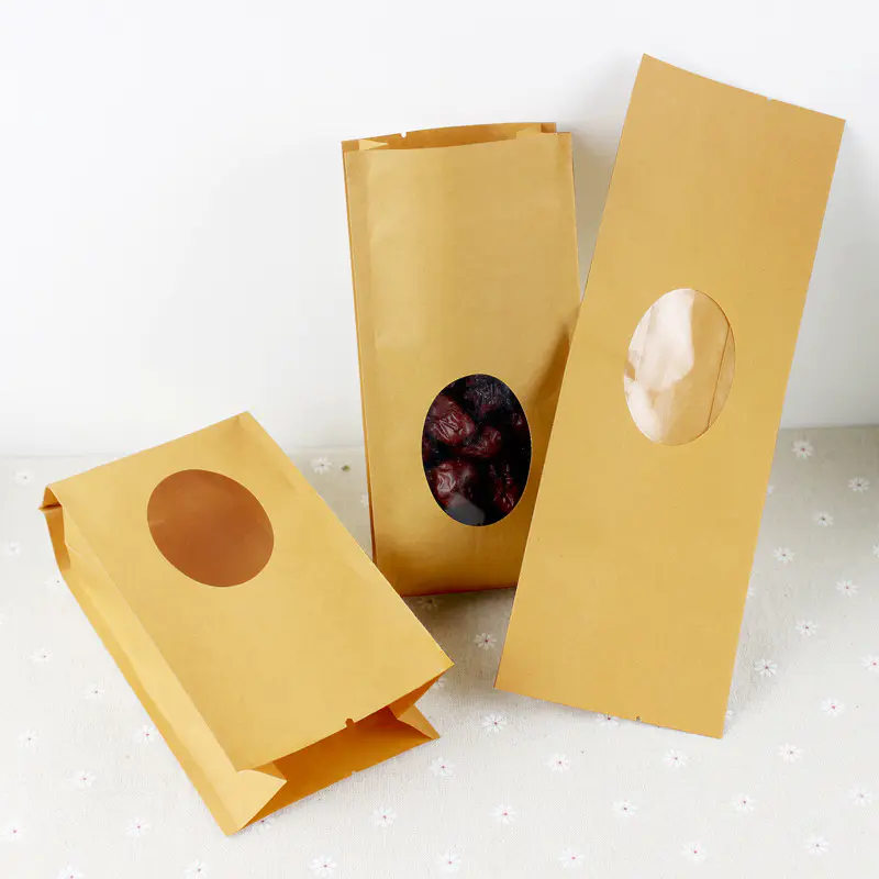 Brown kraft paper bag with clear oval window and tear notch