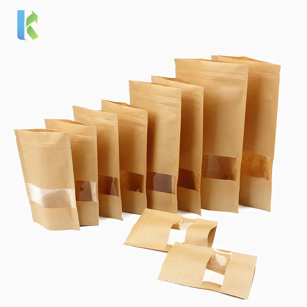 Wholesale Brown Kraft Paper Zipper Tea Bag With Clear Window Food Packaging