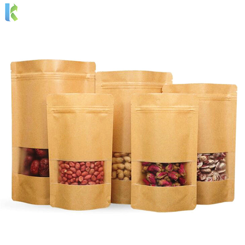 Wholesale Reusable Food Pouch Stand Up Zip Lock Kraft Paper Bags With Window Manufacturer